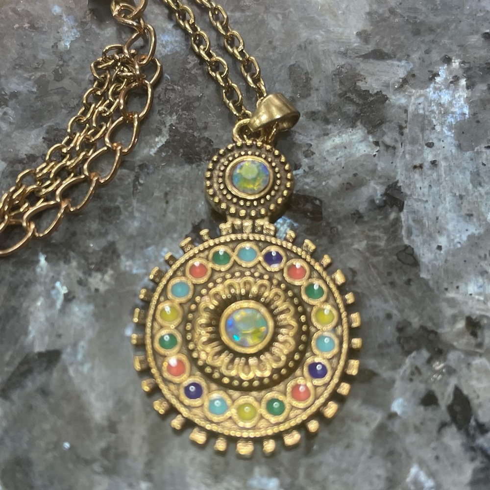 2/$25 or 3/$30 NWOT Boho enamel antique bronze necklace w/crystal accents - Picture 2 of 6